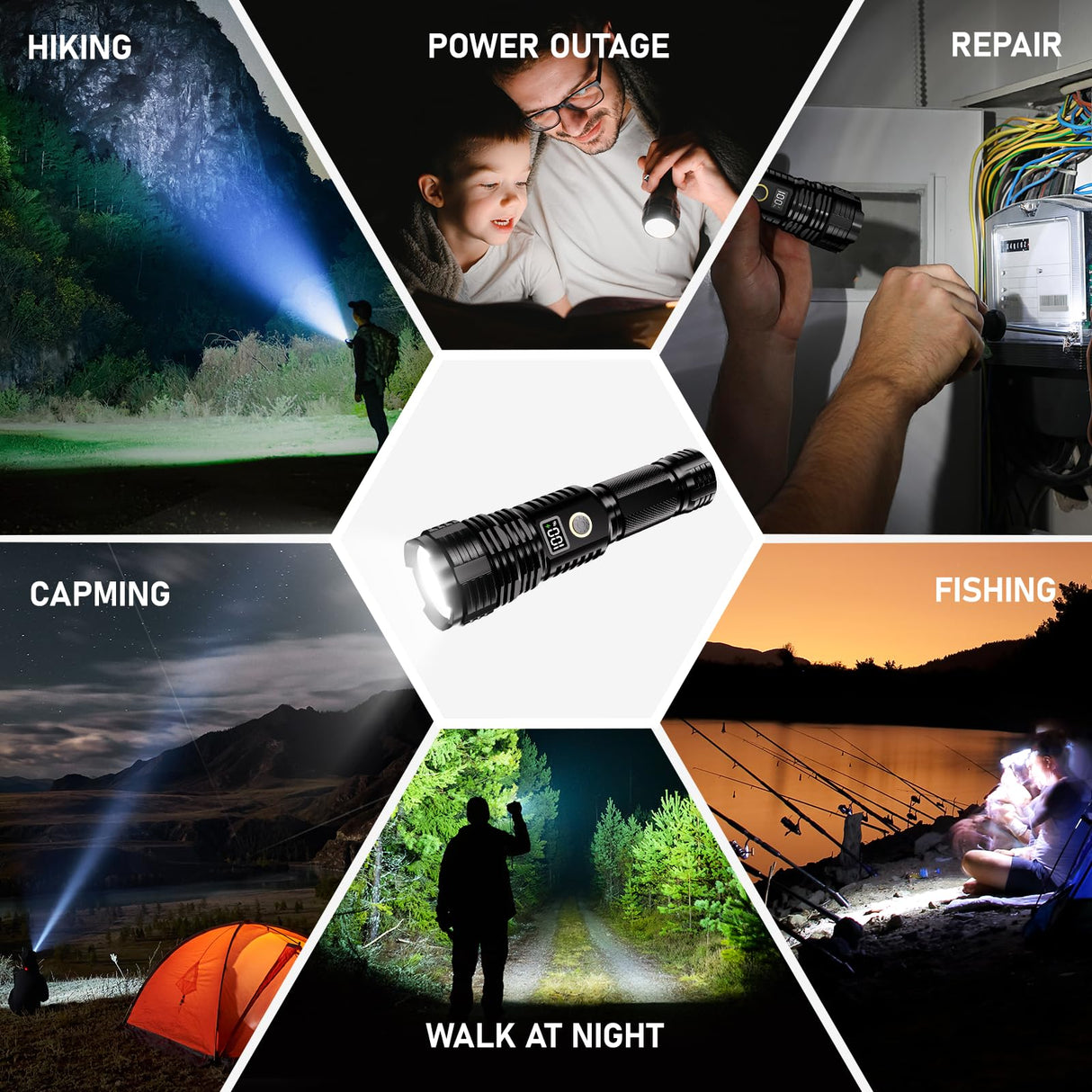 CHILDBOT Flashlights High Lumens Rechargeable, 10000LM LED Super Bright Flash Light, Zoomable Linternas with LCD Digital Display, 5 Mode, Waterproof, Powerful Tactical Flashlight for (Dark Black)