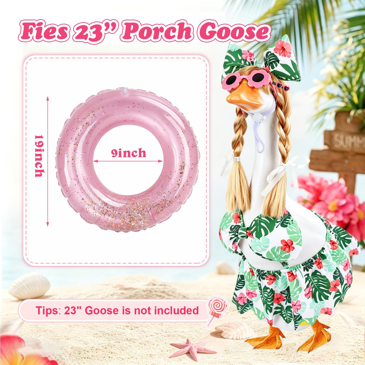 GJL Porch Goose Bikini Outfits with Inflatable Pool Ring, Sunglasses & Wig, Hawaiian Costume for 23 Inch Plastic Cement Goose Statue, Summer Porch Goose Outfit for Pool Party Yard Lawn Garden Decor