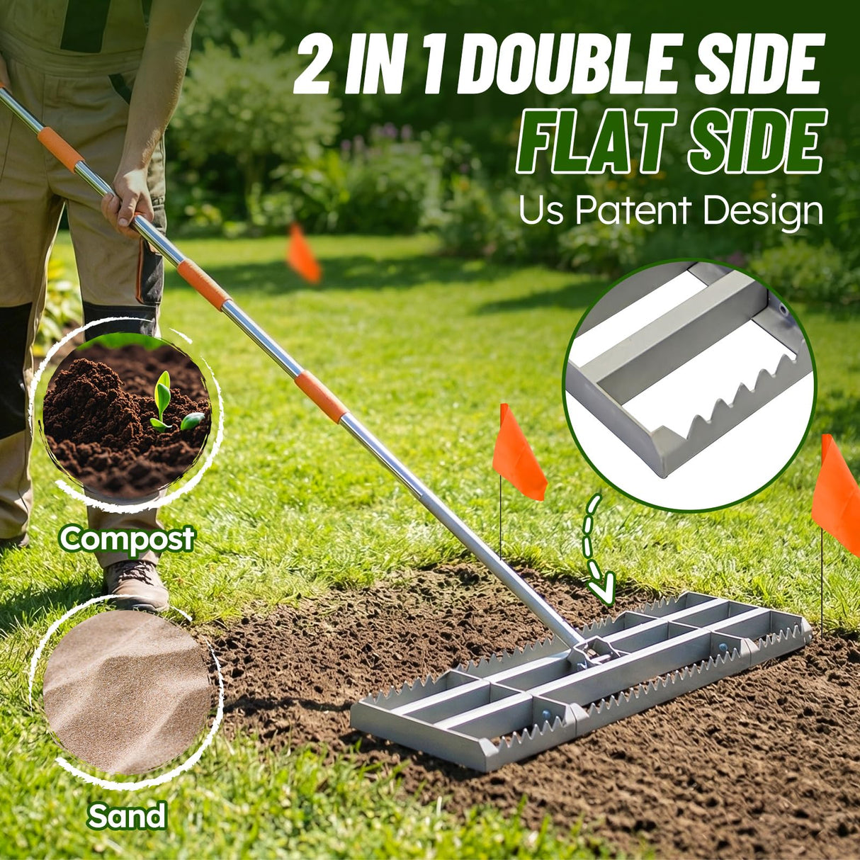 2-in-1 Lawn Leveling Rake, 20 Marking Flags for Low Spot,30"Γ10" Heavy Duty