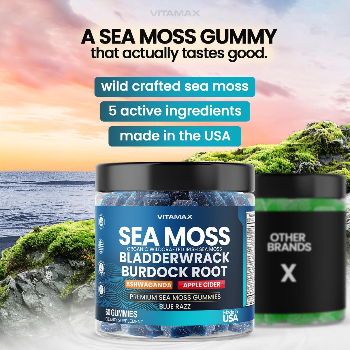 Vitamax Irish Sea Moss Gummies, Sea Moss, Bladderwrack, Ashwagandha, Burdock Root, ACV - Multi-Mineral - Non-GMO and Vegan – Made in USA – 60ct