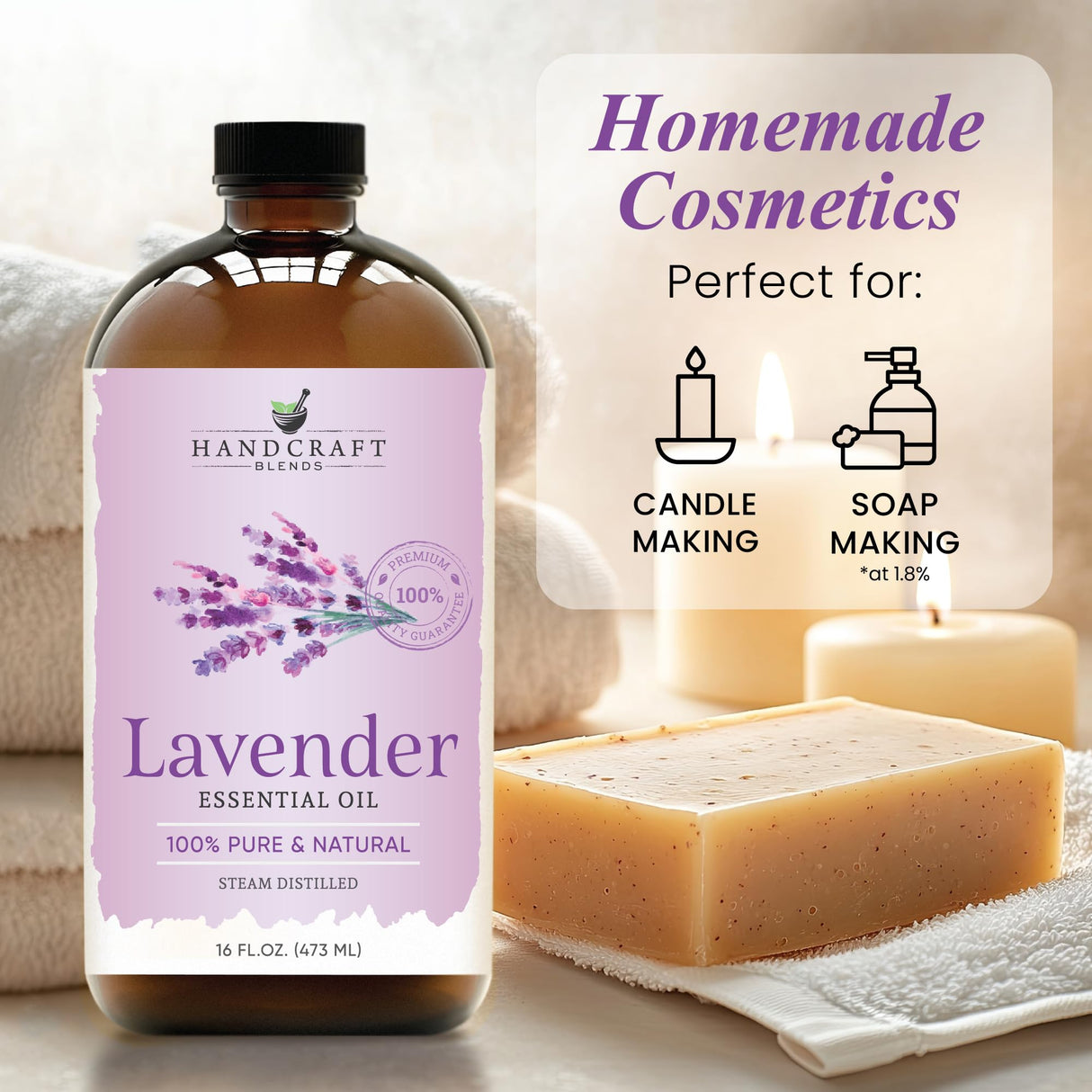 Handcraft Blends Lavender Essential Oil in Glass Bottle - Huge 16 Fl Oz - 100% Pure and Natural - Premium Grade Essential Oil for Diffuser and Aromatherapy, and DIY Soap Making