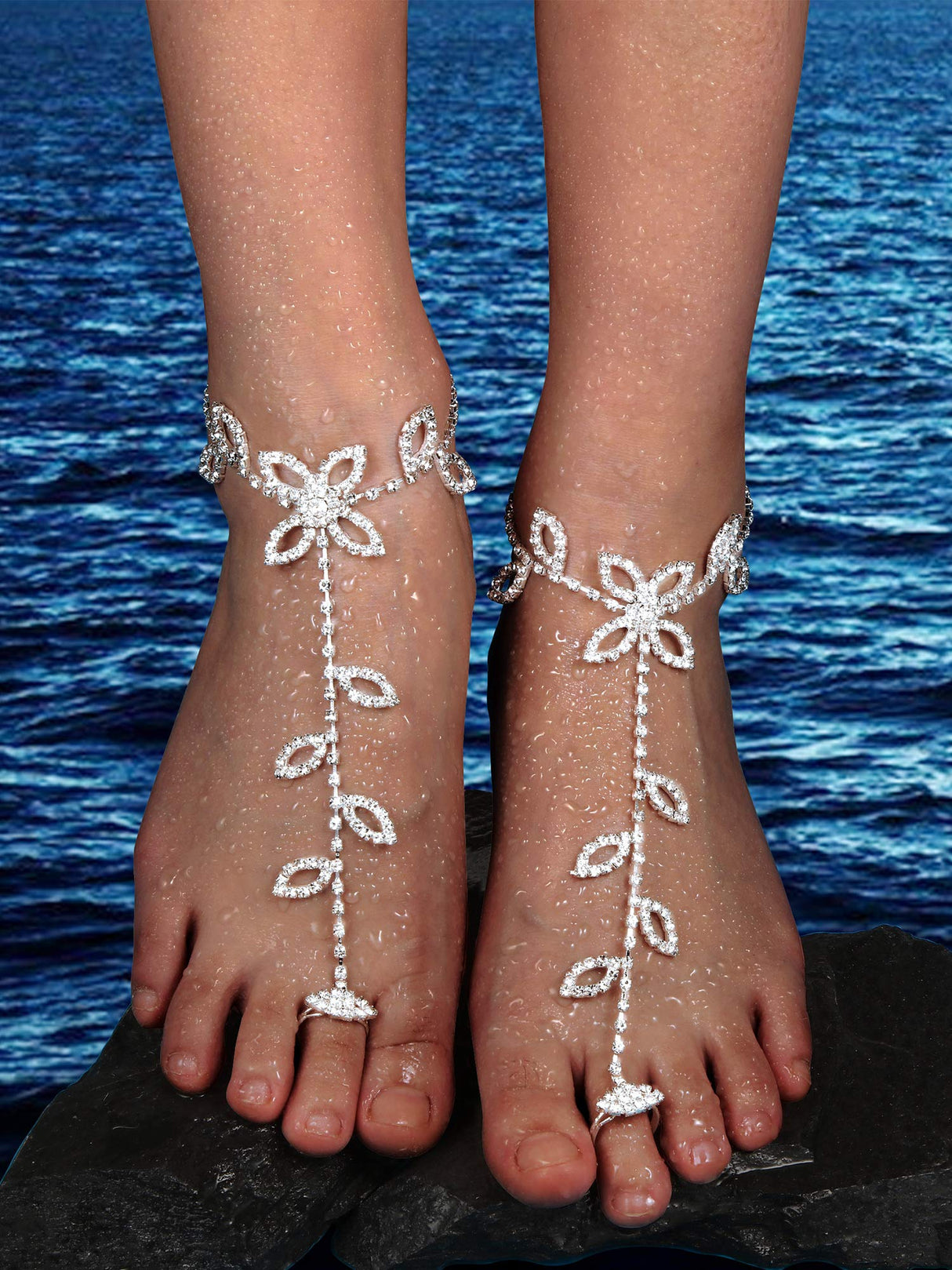 Hicarer 6 Pcs Foot Jewelry Barefoot Sandals for Women Rhinestone Bohemian Foot Ankle Chains for Beach Wedding(Rhinestone Star Leaf Mesh Style)