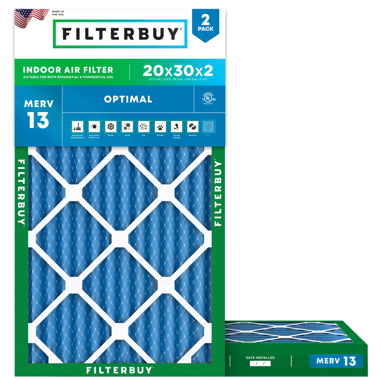 Filterbuy 20x30x2 Air Filter MERV 13 Optimal Smoke & Allergy Defense (2-Pack), Electrostatic Pleated HVAC AC Furnace Filters Replacement (Actual Size: 19.75 x 29.75 x 1.75)