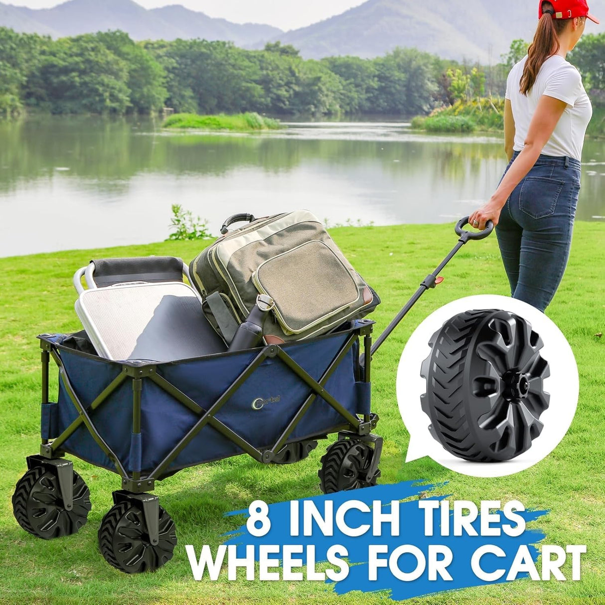 PORTAL Wagon Wheels Replacement 8" Diameter X 3.4" Wide for Utility Wagon Cart, Plastic Wheels with TPR Tread Outdoor Garden Carts Replacement Parts