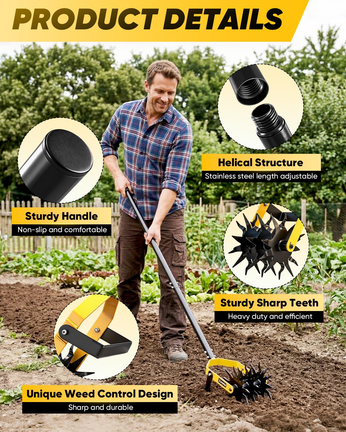 SAKER Rotary Cultivator Hand Tiller Tool – 2-in-1 Manual Garden Tiller & Weeder with Adjustable 72.4in Long Handle, 3-Blade Steel Rotary, Heavy Duty Soil Cultivator for Raised Beds, Yard & Garden