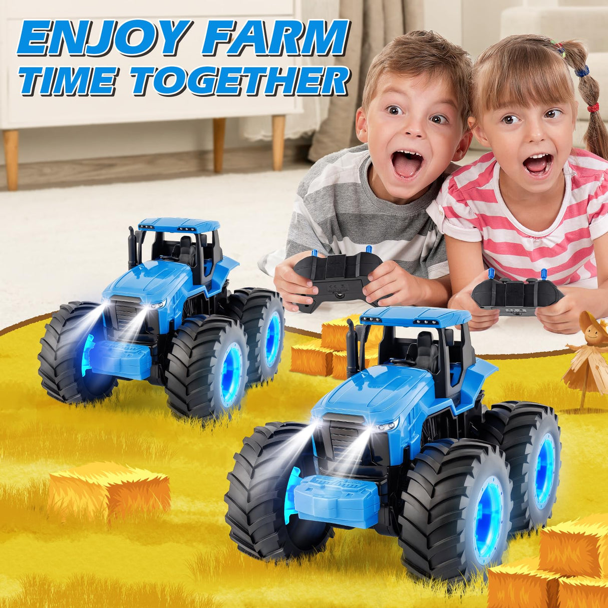 Remote Control Monster Tractor Toy for 3, 4, 5, 6, 7 years old, Blue Light Up Monster Trucks Toy with LED Lights Toddlers RC Farm Vehicle Toys for Boys & Girls Ideal Christmas, Birthday Gifts for Kids