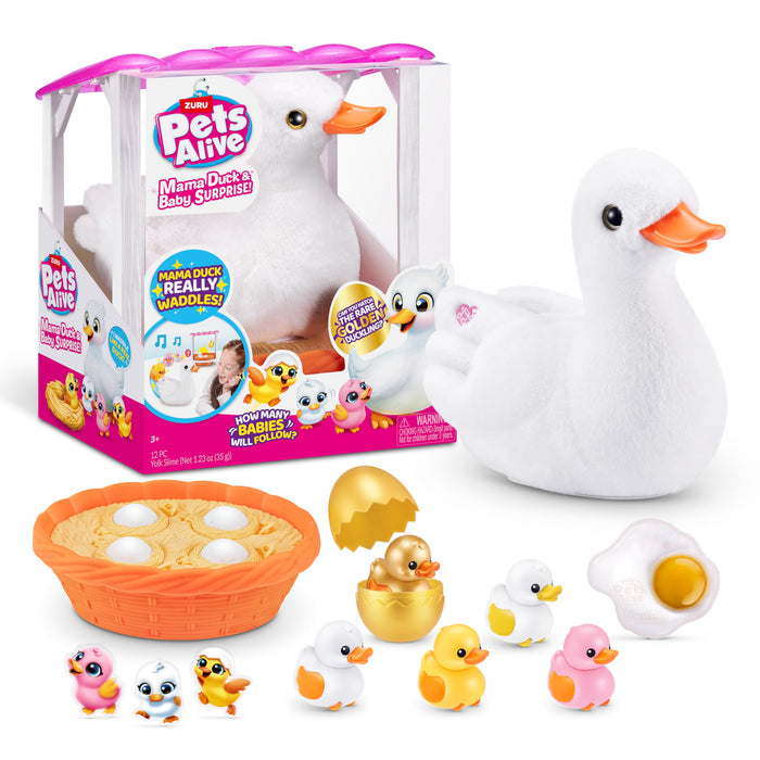 Pets Alive Mama Duck Surprise by ZURU, 4 Surprise Eggs, Baby Ducklings, 10+ Sounds, Walking Toy, Interactive Girls Toy, Ages 3+