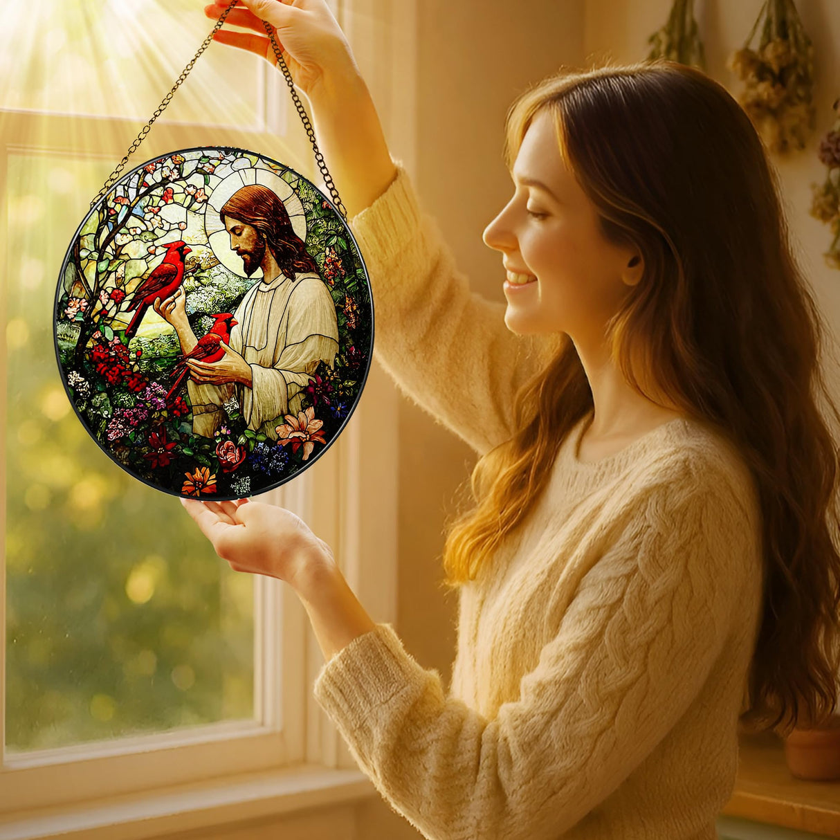 8-Inch Jesus with Cardinals Suncatcher Ornament, Stained Glass Window Hanging & Religious Christmas Ornament, Christian Window Decor ā Memorial Gift, Christian Gifts for Her, Religious Gifts