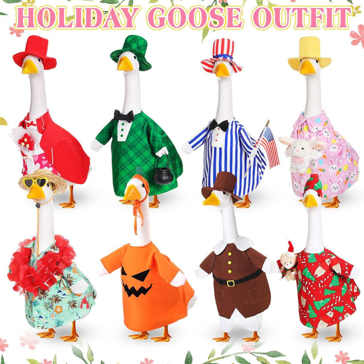 Silicherry 8 Set Seasonal Holiday Goose Outfits Christmas Valentine's Day Summer All Seasons Lawn Porch Goose Clothes Costume for 23" Cement Statue Garden Patio Outdoor Decoration(Boy Style)