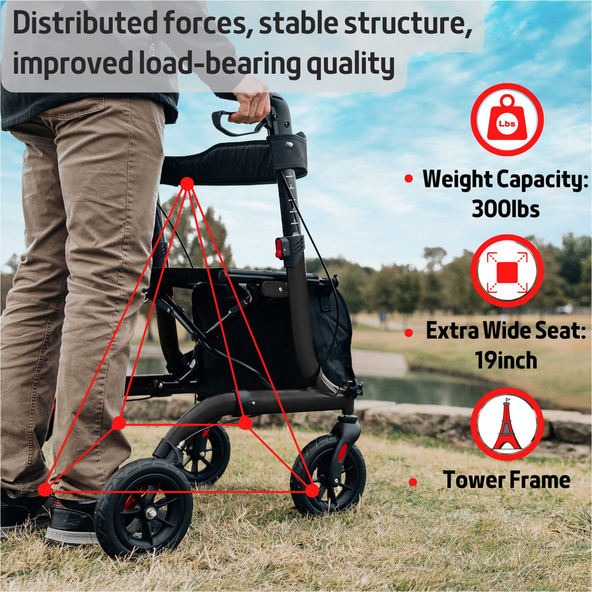 Henmnii Rollator Walker for Seniors, Lightweight Foldable All Terrain Rolling Walker with seat, Aluminum Walkers with 8 inch Rubber Wheels, Handles and Backrest for Seniors and Adult