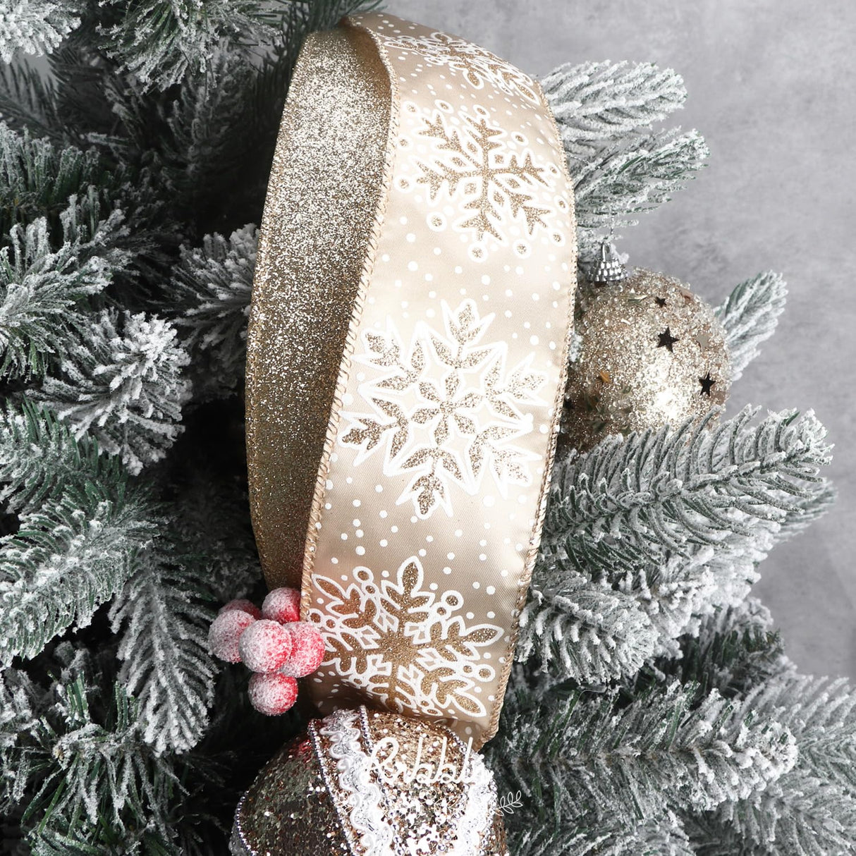 Ribbli Christmas Ribbon Wired Champagne Gold Christmas Tree Ribbon Snowflake Glitter Wired Ribbons for Crafts Gift Wrapping Wreaths Garland Home Decor -2.5 Inchx6 Rolls Total 36Yard