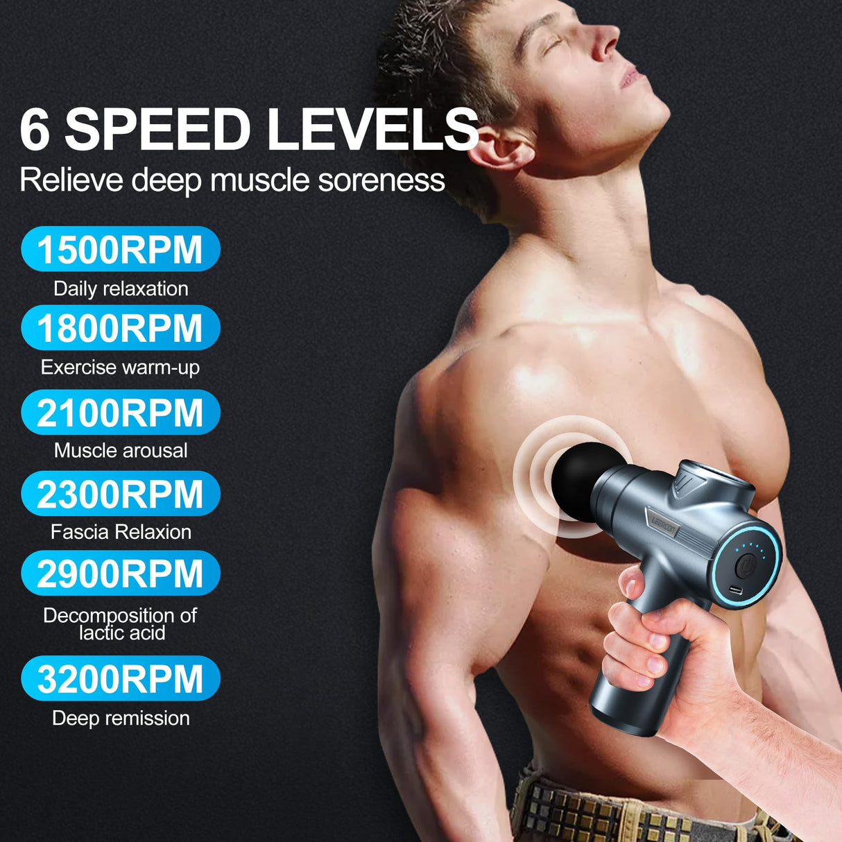 LEERCON Mini Massage Gun, Compact Deep Tissue Massager, 6 Speeds, 4 Heads, Fashion Lighting, Ideal Gift for Men & Women (Blue)