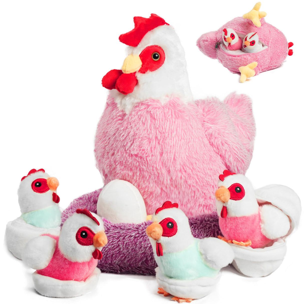 9 in 1 Chicken Stuffed Animal Set, Stuffed Chicken Toys for Kids Egg Laying Hen with Coop, Baby Chicks Plush Chickens and Eggs for Girls Kids Christmas Birthday Easter Gifts Farm Party Decor (Pink)