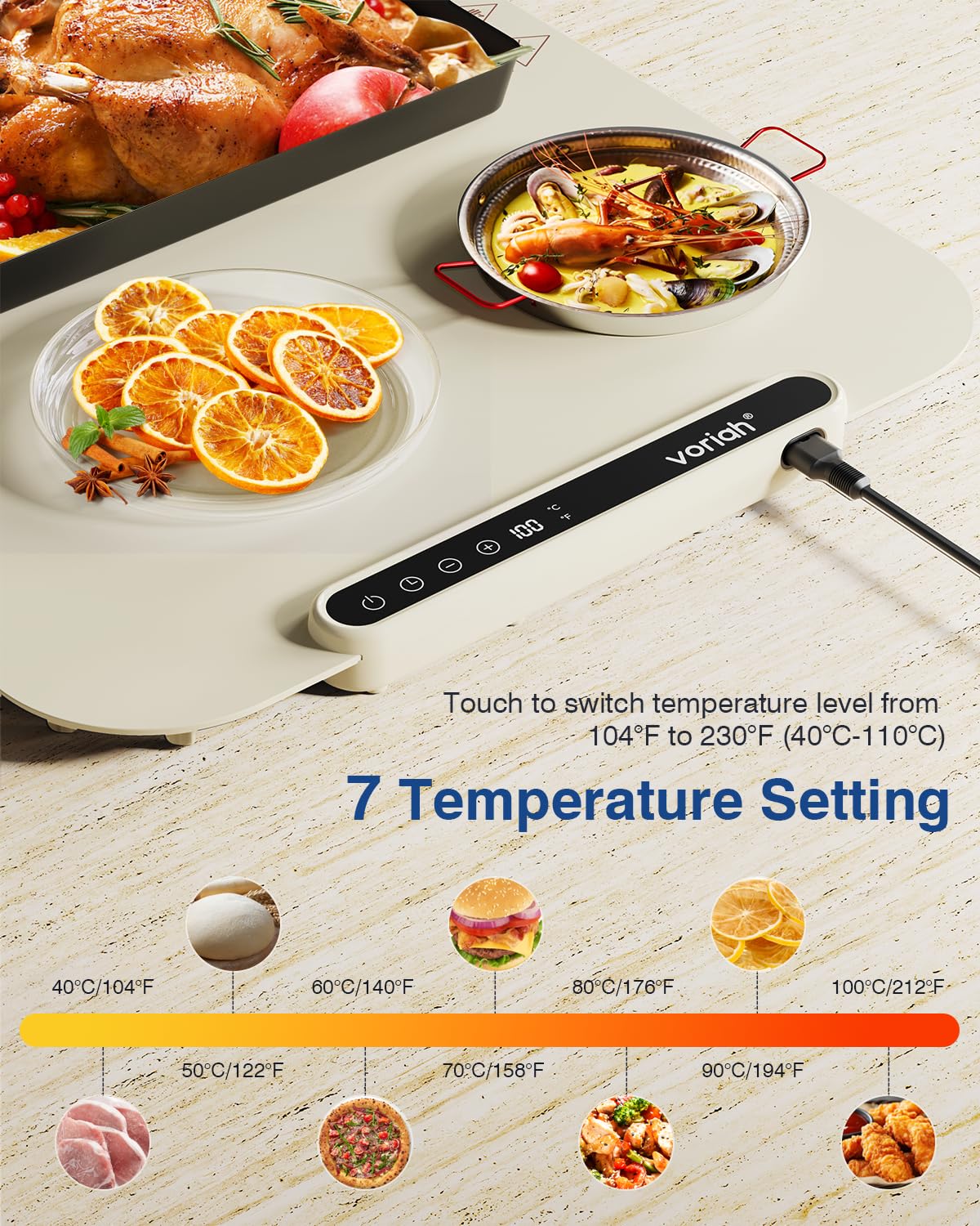 Voriah Warming Mat for Food,27.5x15.7" Large Electric Buffet Warming Tray, 7 Temp Levels, 99H Continuous Heat, ℉/℃ Switch, Patented Fast-Heat Design for Parties, Family Meals, Daily Use Apricot