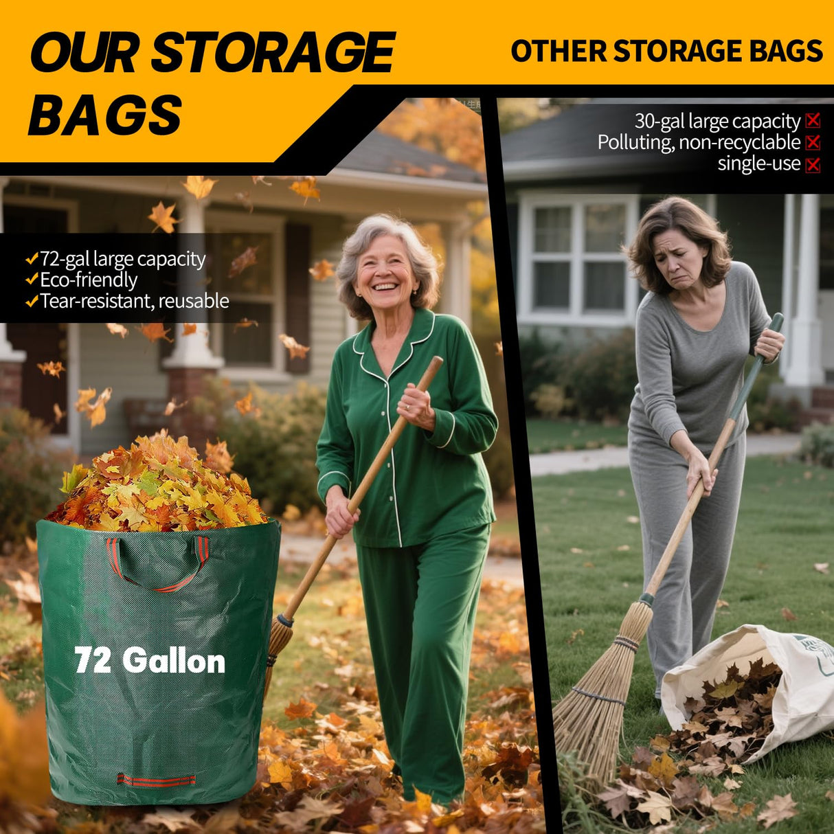 Reusable Yard Waste Bags - 3 Pack, 72 Gallon Lawn Bags with Reinforced Handles, Ideal for Grass, Leaves, and Yard Waste - Durable and Garden Waste Bags, Collapsible Lawn Leaf Bag, Leaf Bag Stand Up.