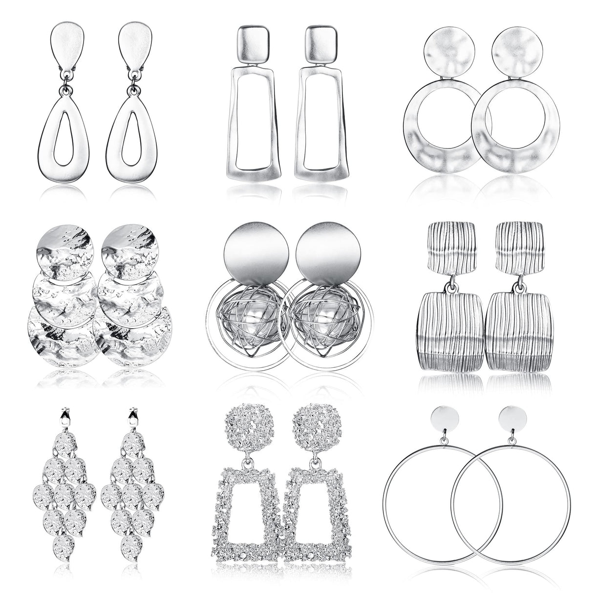 Subiceto 9 Pairs Silver Plated Clip on Earrings for Women Statement Clip On Earrings Large Geometric Square Rectangle Round Clip Dangle Earrings Non Pierced Earrings Set