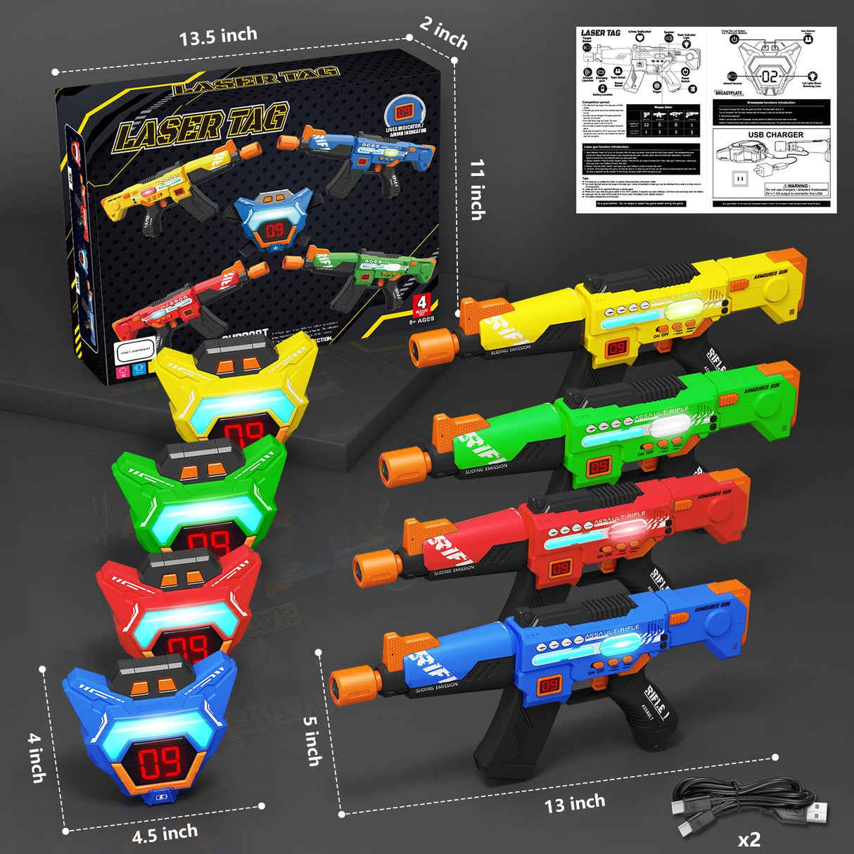 inodoo Rechargeable Laser Tag Guns Set of 4 with LED Digital Multi-Functional Vests Birthday Gifts Toys for Kids Boys Girls 8 9 10 11 12+ Years Old Christmas