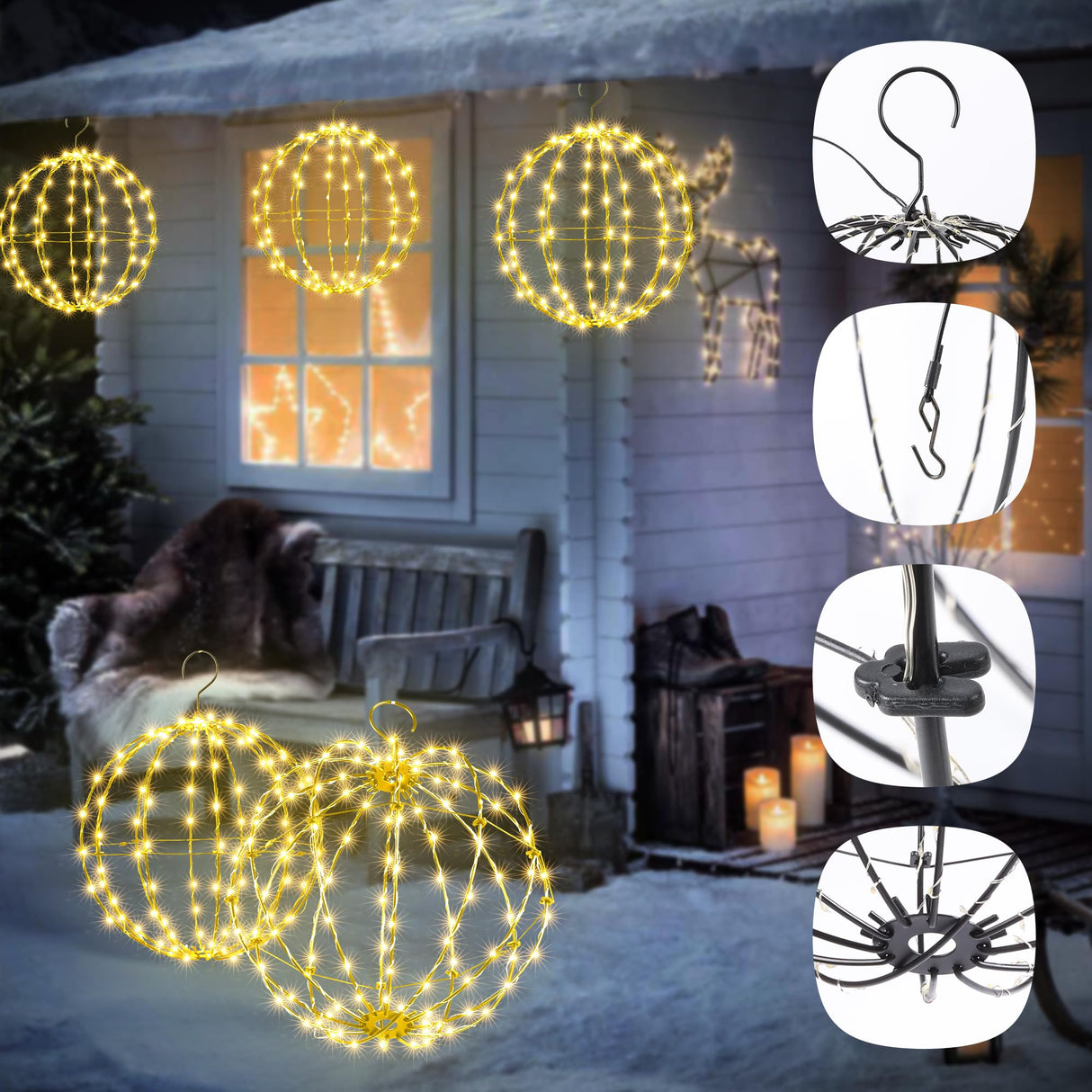 Set of 2 Outdoor Hanging Ball Lights - 2 Sizes of Christmas Battery Operated Garden Lanterns Waterproof Globe Fairy Lights with 8 Lighting Modes Timer Memory Function (Warm White)