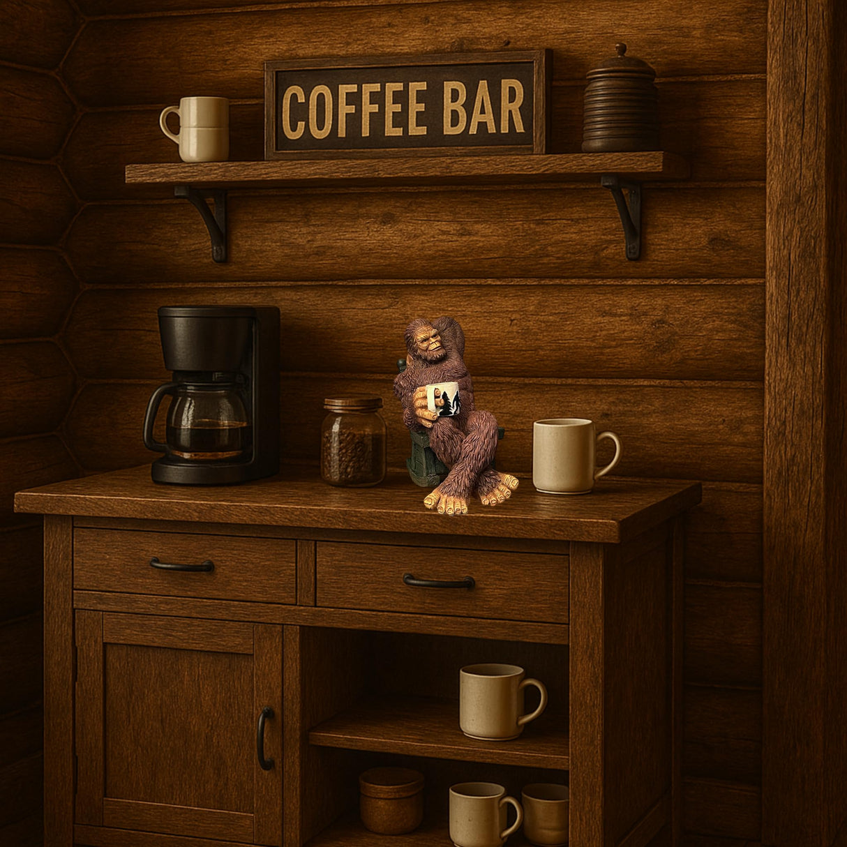 Bella Haus Bigfoot Garden Statue | Sasquatch Enjoying Morning Coffee | Whimsical Bigfoot Cabin Décor for Yard Patio Office or Home | Mythical Coffee-Loving Sasquatch Figurine | Hand-Painted Resin