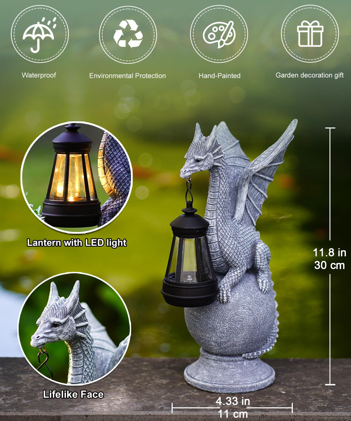 Acgarten Solar Garden Dragon Statue: Outdoor Figurine with Lantern Lights