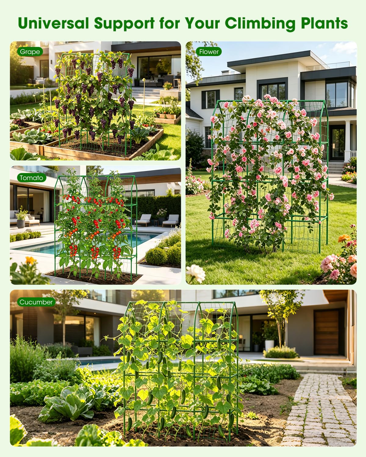 65" Cucumber Trellis for Climbing Plants Outdoor, Metal Garden Trellis for Raised Bed, Plant Support Structures with Netting for Cucumbers Tomatoes Beans Peas (50 * 17 * 65inch(L*W*H), Trellis)