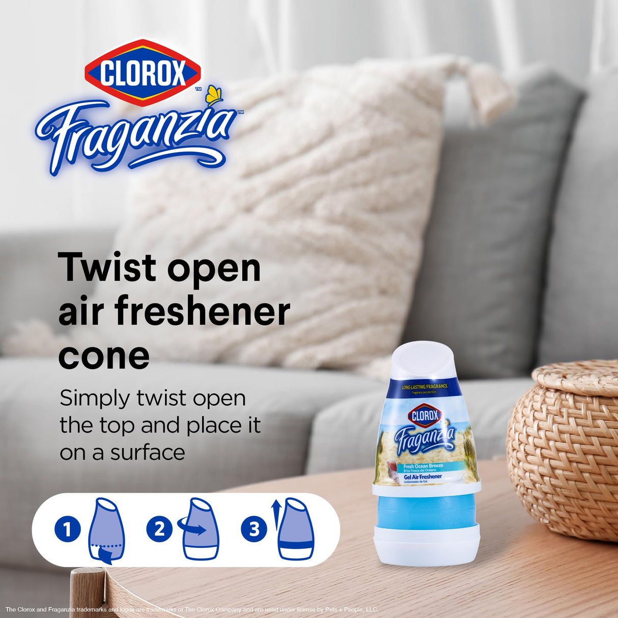 Clorox Fraganzia Cone Gel Air Freshener, Twist Open Adjustable Solid Air Deodorizer for Small Indoor Spaces, Continuous Fresh Ocean Breeze Scent for Bathroom Office Closet Odor Control, 6 Oz - 12 Pack