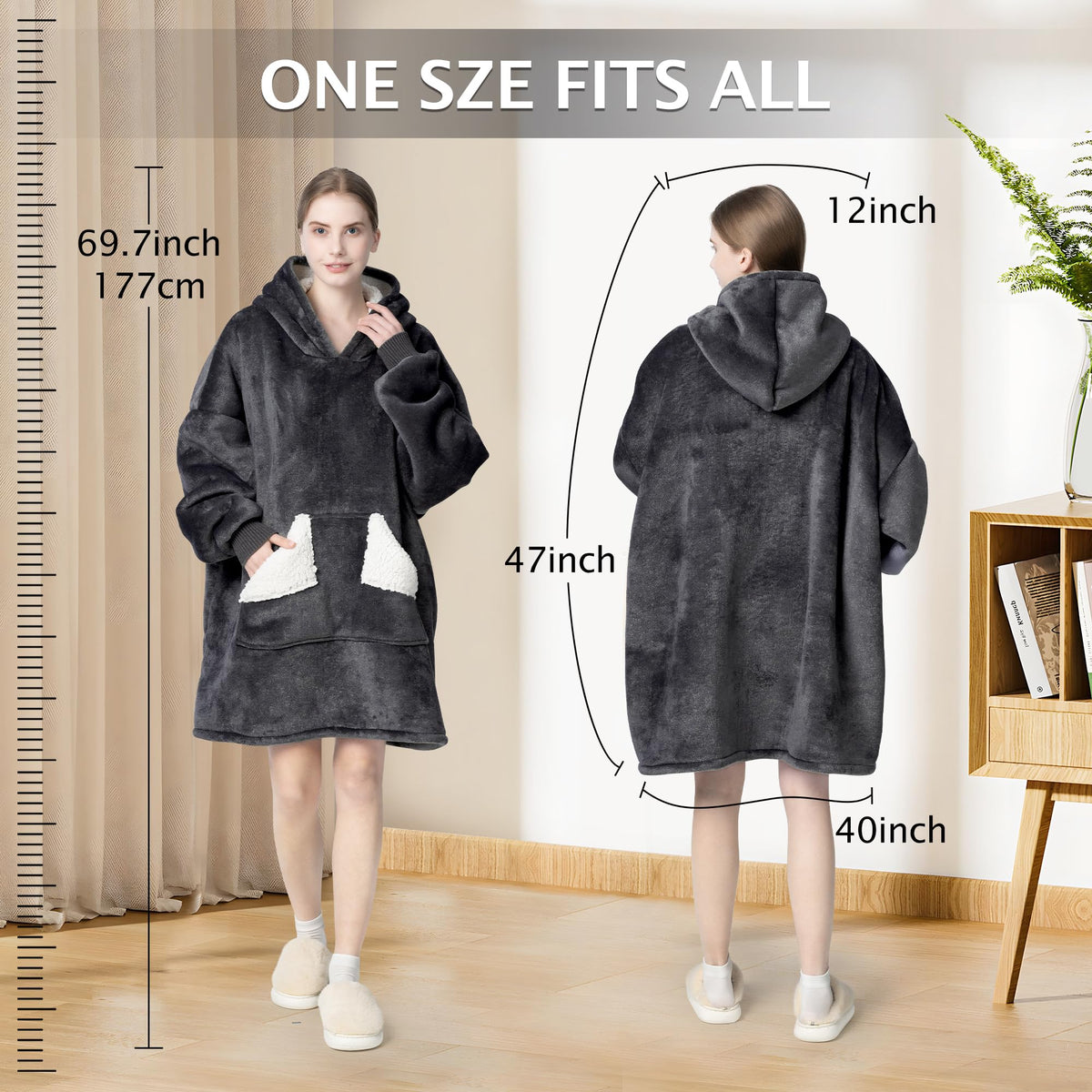 Touchat Wearable Blanket Hoodie, Oversized Sherpa Fleece Sweatshirt Blanket with Giant Hood Pocket and Sleeves for Adult, Warm & Cozy Grey Blanket Gifts for Women