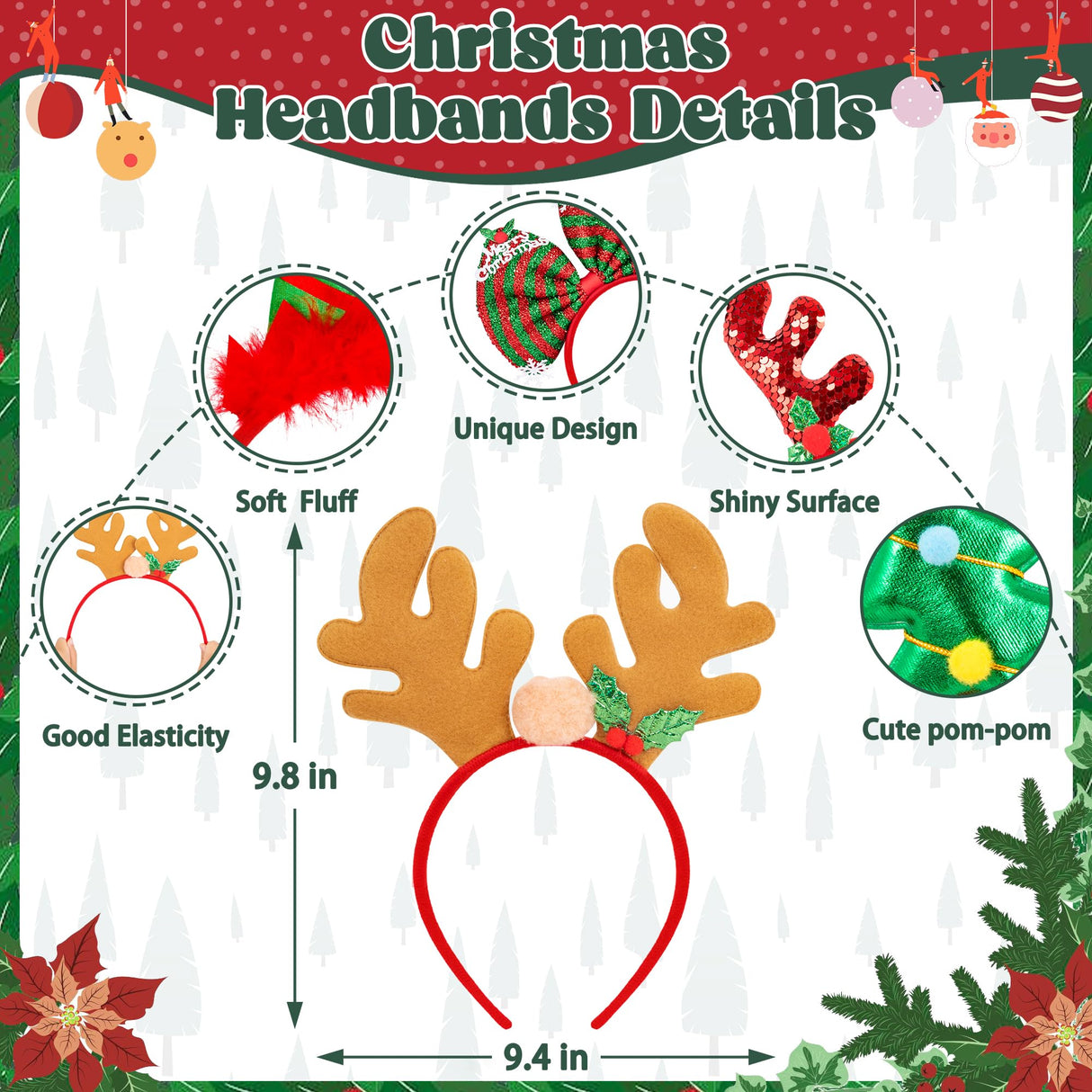 24 Pcs Christmas Headbands, 12 Styles Christmas Headwears with Assorted Design Santa Christmas Tree Snowman Stars Reindeer Antler, Xmas Party Decor for Women Men Christmas Party Favors