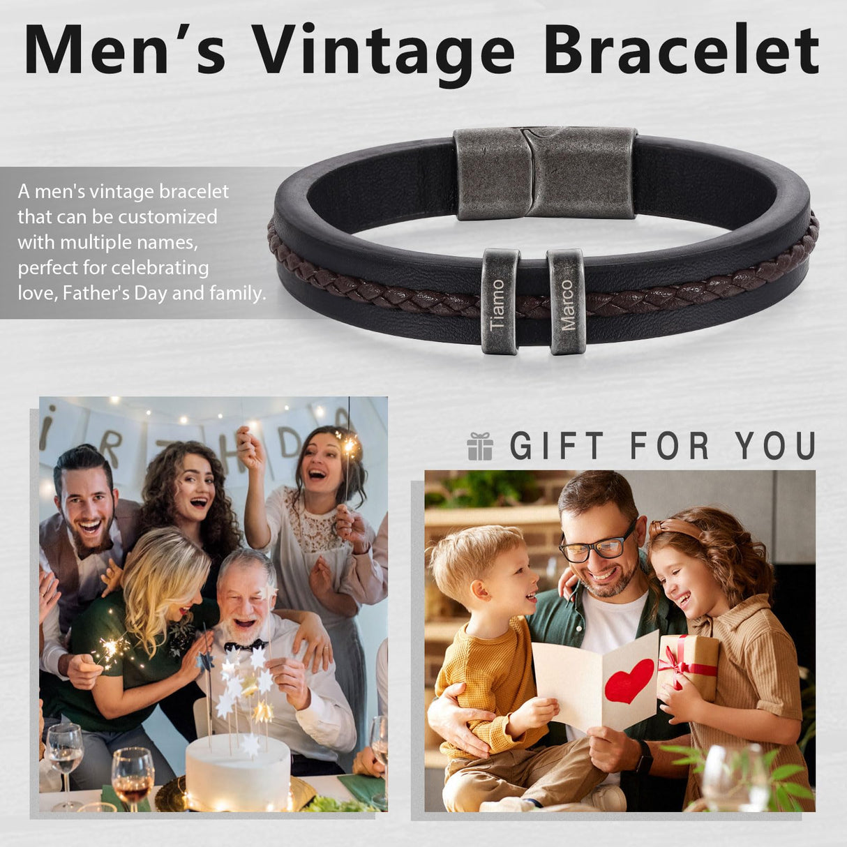 Jeweidea Gifts for Father's Day Personalized Leather Bracelet with Name Beads, Custom Braided Bangle Engraved Jewelry for Men Dad Him Husband (2 Names)