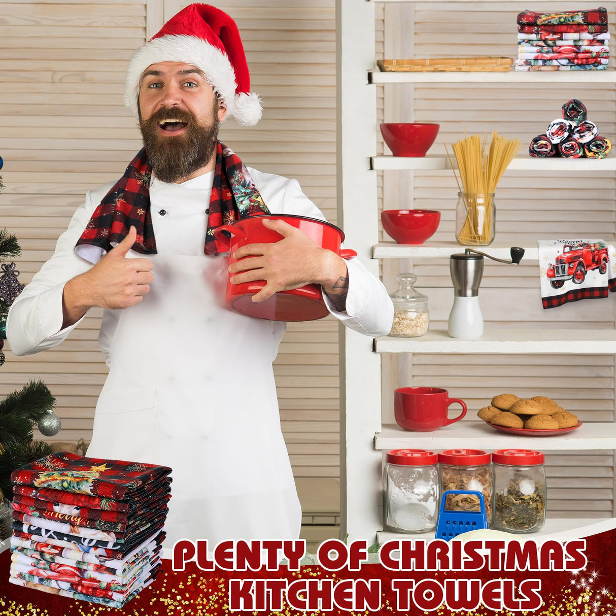 VitalCozy 12 Pcs Christmas Kitchen Towels and Dishcloths Absorbent Merry Christmas Tree Reindeer Truck Santa Claus Hand Dish Tea Towels Plaid Decoration for Xmas Home Gift Supplies, 14.2 x 21.3 Inch