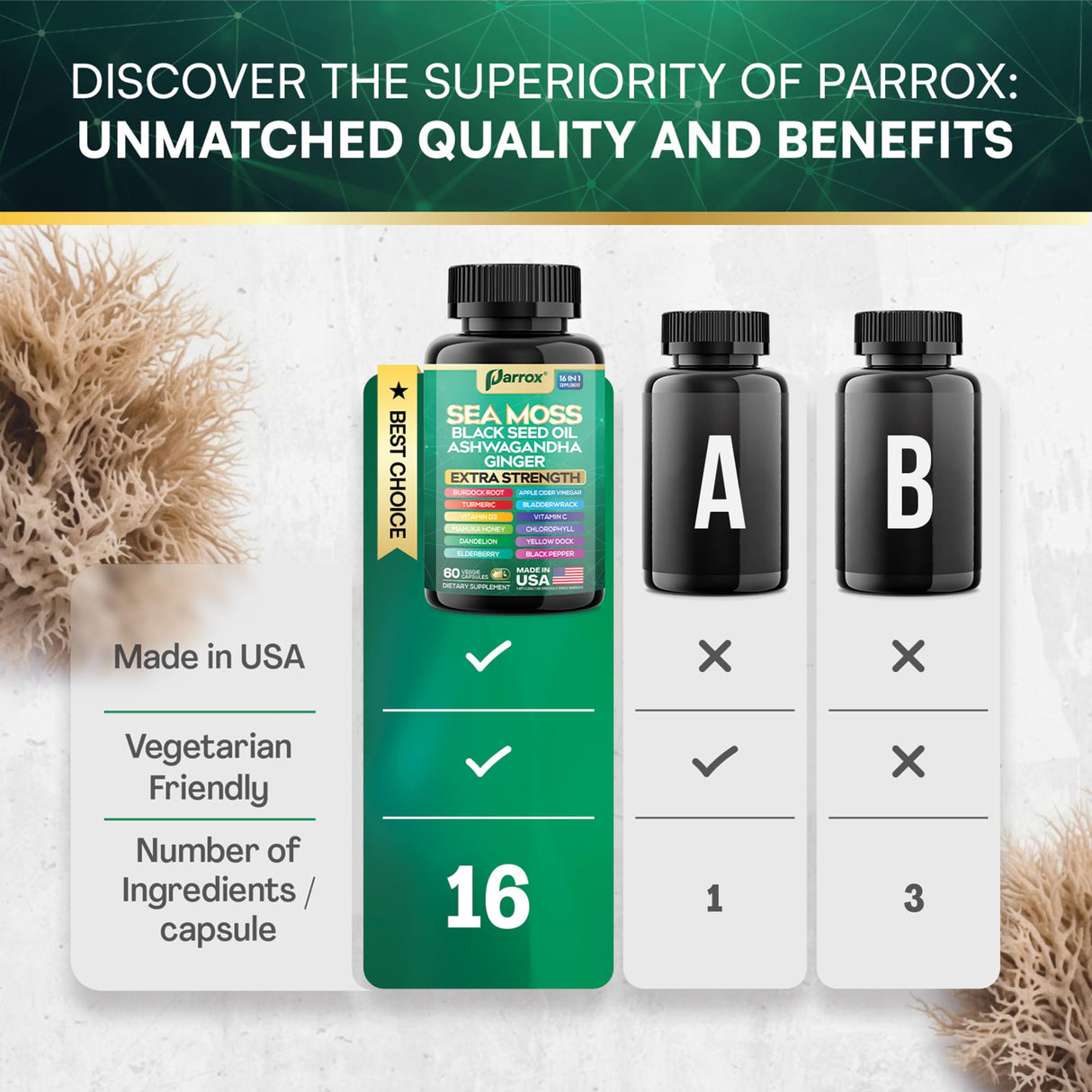 Parrox Sea Moss, Black Seed Oil, Ashwagandha, Turmeric, Chlorophyll, Dandelion, Ginger, Vitamin D3, Black Pepper, Elderberry, ACV, Yellow Dock, Burdock Root, Manuka, Vitamin C, Bladderwrack (60 Caps)