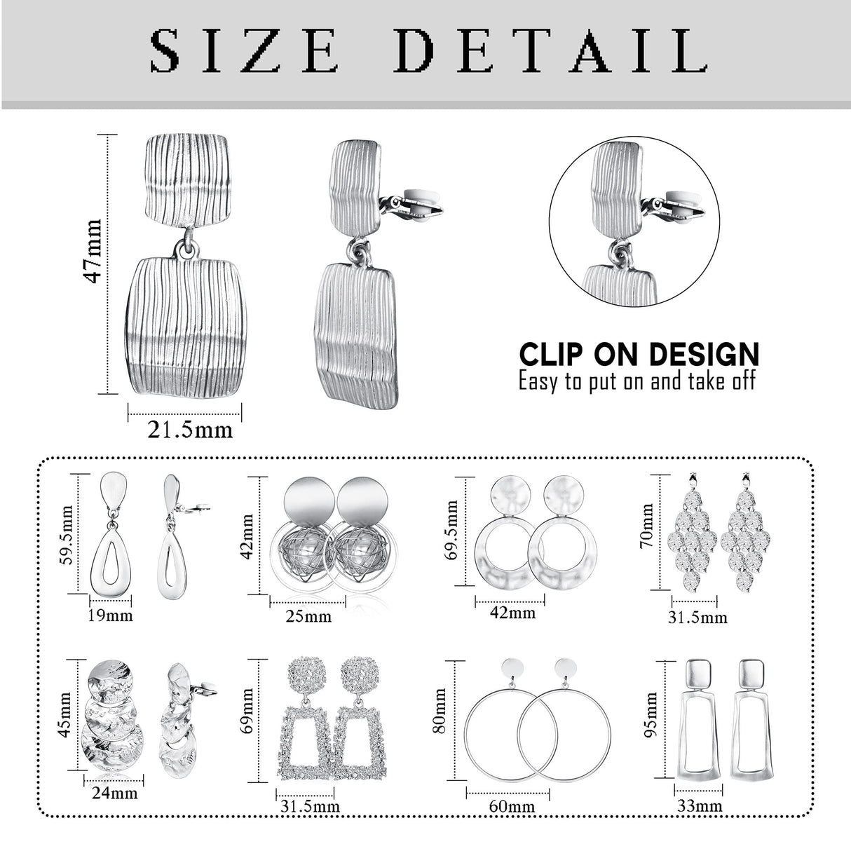Subiceto 9 Pairs Silver Plated Clip on Earrings for Women Statement Clip On Earrings Large Geometric Square Rectangle Round Clip Dangle Earrings Non Pierced Earrings Set
