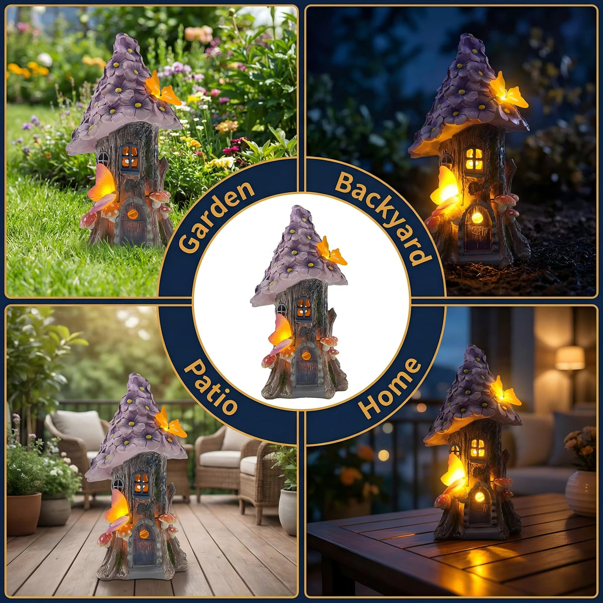 COWOS Mushroom House Statue, Garden Decor Outdoor Solar Statues, Solar Garden Statue Lights, Fairy Garden Decorations, Mushroom Fairy House Figurine with Butterflies and Flowers for Yard Decor