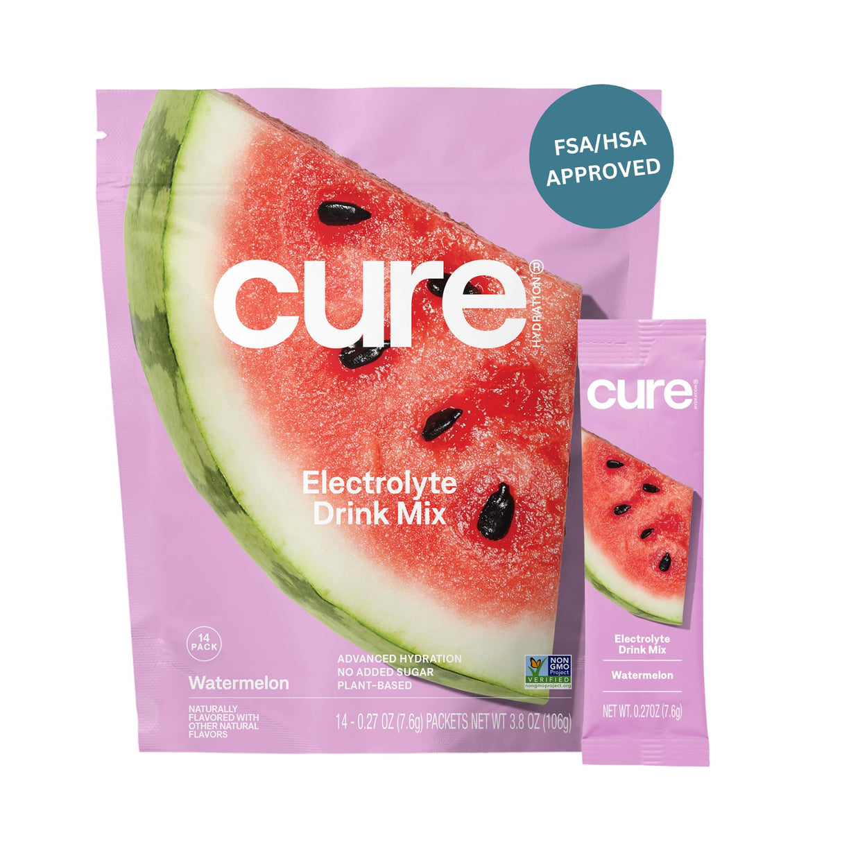 Cure Hydration | Plant-Based Electrolyte Drink Mix | No Added Sugar | FSA & HSA | Dehydration Relief Powder Made with Coconut Water | Non-GMO | Vegan | Pouch of 14 Packets - Watermelon