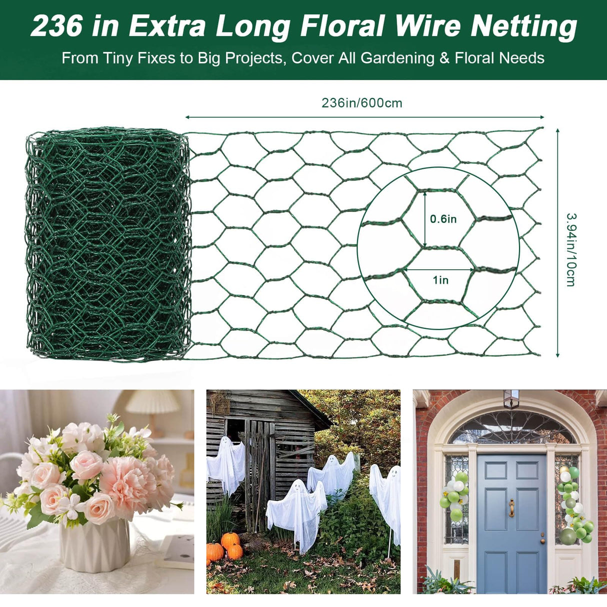 ROADPLUM 4 × 236 in Floral Wire Netting, Green Chicken Wire for Floral Arrangements, Galvanized Coated Chicken Mesh Netting with Plier & Plant Ties for Floral Supplies | Garden Fencing | DIY Craft