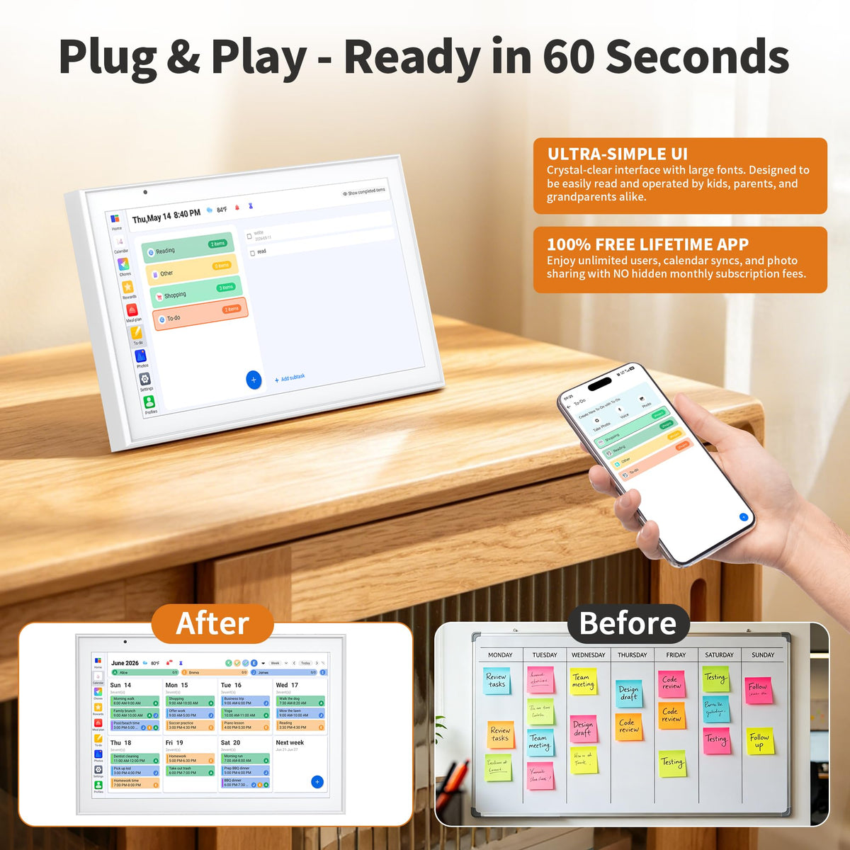 Smart Digital Calendar 10.1 Inch, Electronic Family Calendar Planner with Touchscreen, Shared Chore Chart, Meal Planner, To Do List & Schedule Board, WiFi Digital Family Command Center, Photo Frame