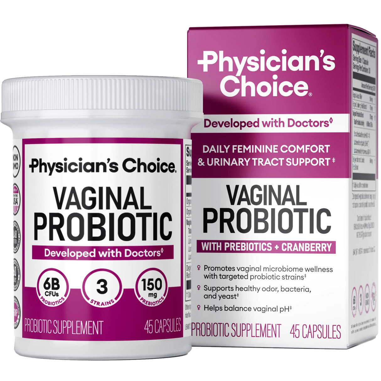 Physician's CHOICE Vaginal Probiotics for Women - pH Balance, Odor Control, Yeast Balance, Vaginal Flora & Feminine Health - 6B CFU with Organic Prebiotics and Cranberry Extract - 45 CT
