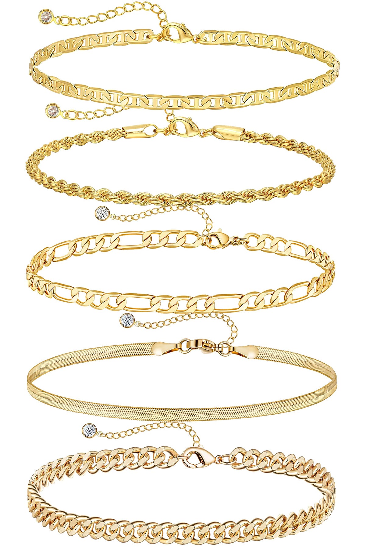 DEARMAY 14K Gold Plated Anklets Waterproof Ankle Bracelets for Women Cuban Link Anklet Bracelets Cute Figaro Paperclip Rope Herringbone Set Jewelry