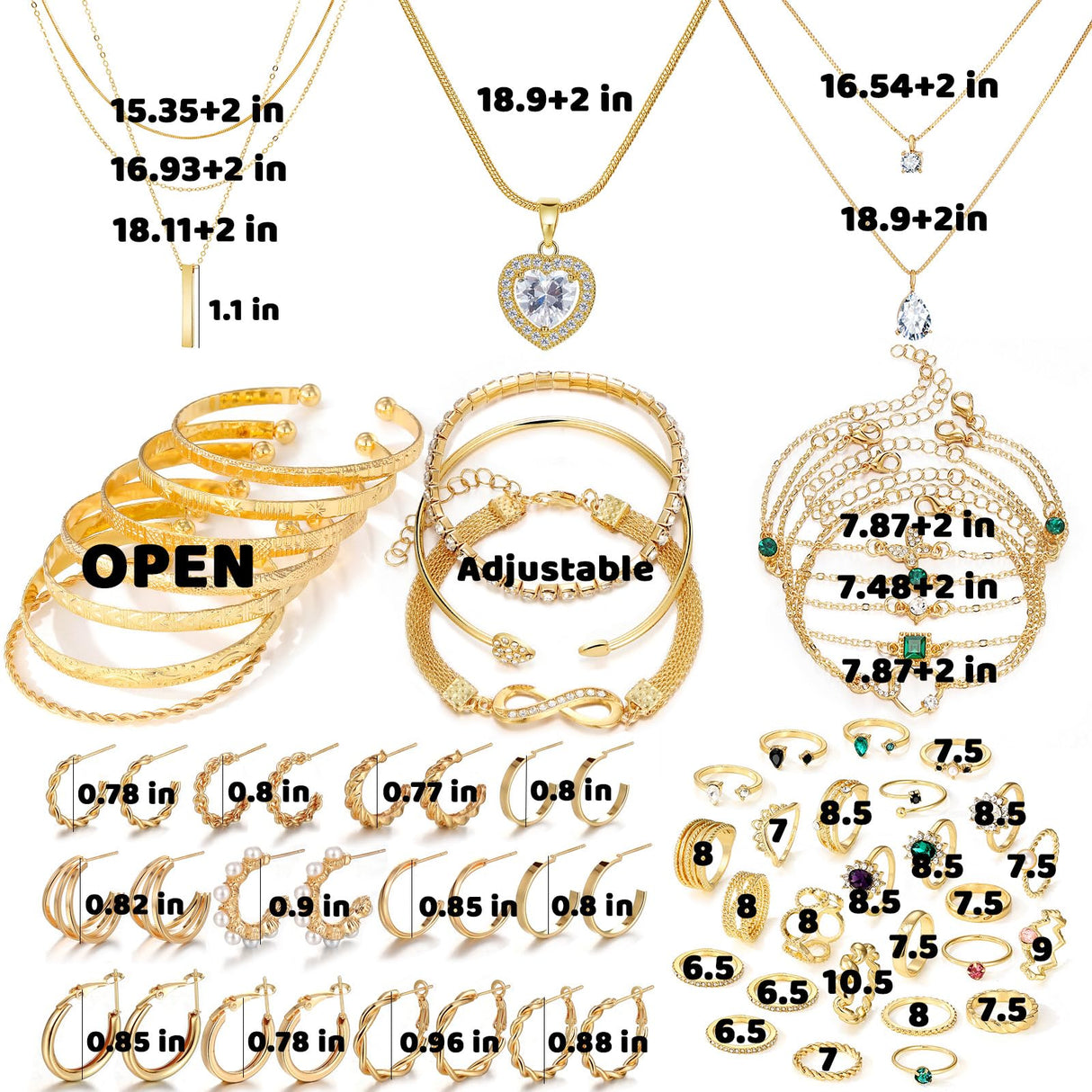 IFKM Gold Jewelry Set For Women, 14k Gold Plated Multi Layer Necklaces Bracelets Stackable Knuckle Rings Hoop Earrings set, Trendy Elegance Charms Non Tarnish Minimalist Textured Boho Jewelry Gift