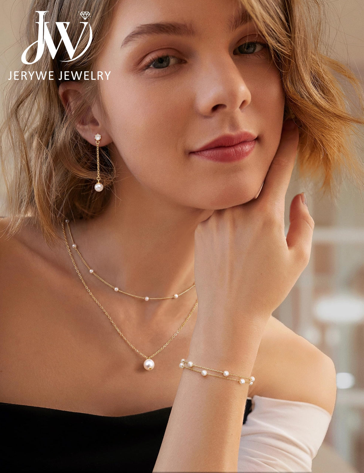 JeryWe Gold Jewelry Set for Women Dainty 14K Gold Plated Layered Pearl Choker Necklace and Drop Earrings Set Adjustable Bracelets Pearl Choker Necklace Wedding Jewelry Sets for Brides