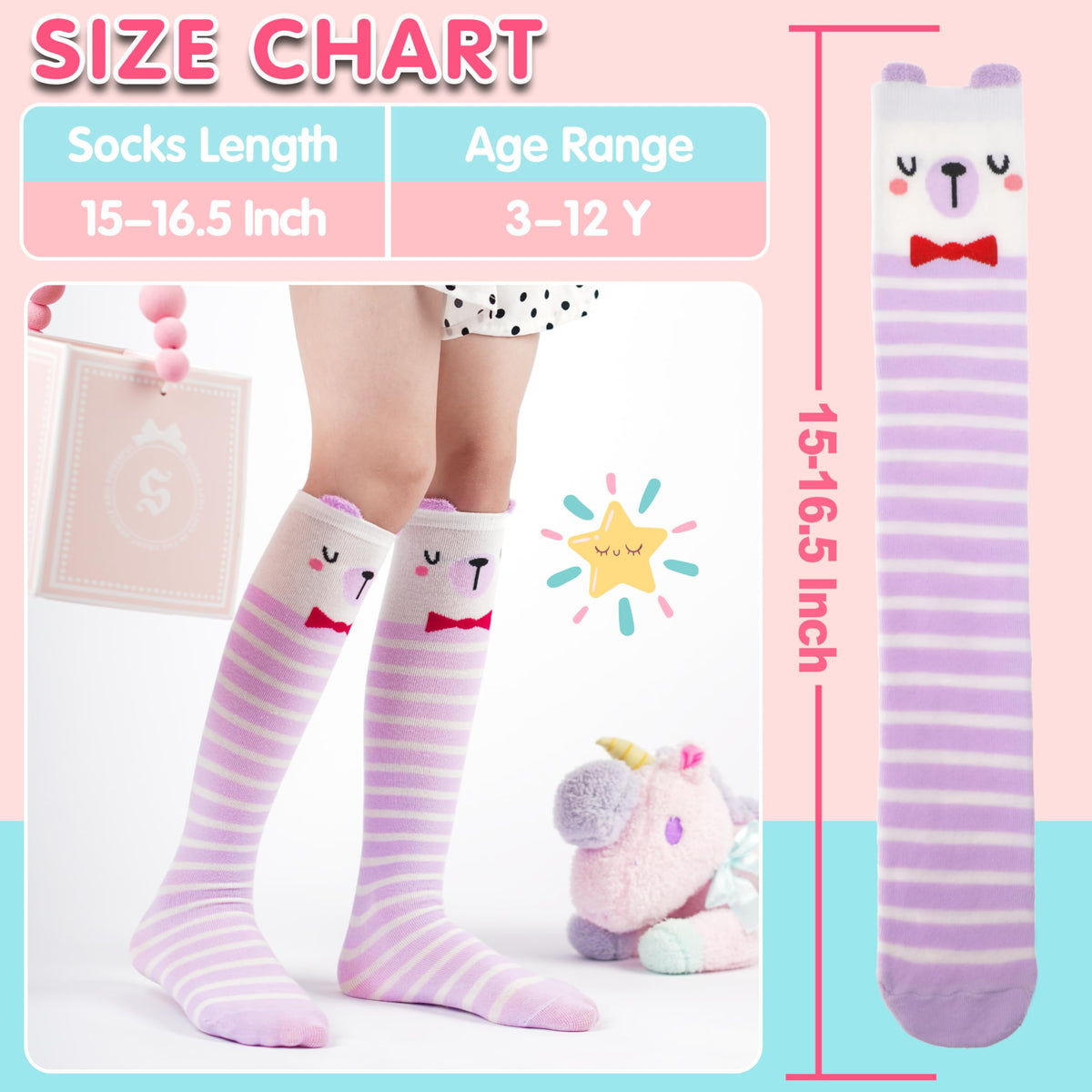 MOGGEI Kids Girls Knee High Socks Long Boot Crazy Silly Fun Gift Tall Funny Cute Animal Christmas Gift for 4 5 6 7 8 9 10 11 12 Year Old Girls Stocking Stuffers Socks 6 Pairs (Animal Pink Purple)