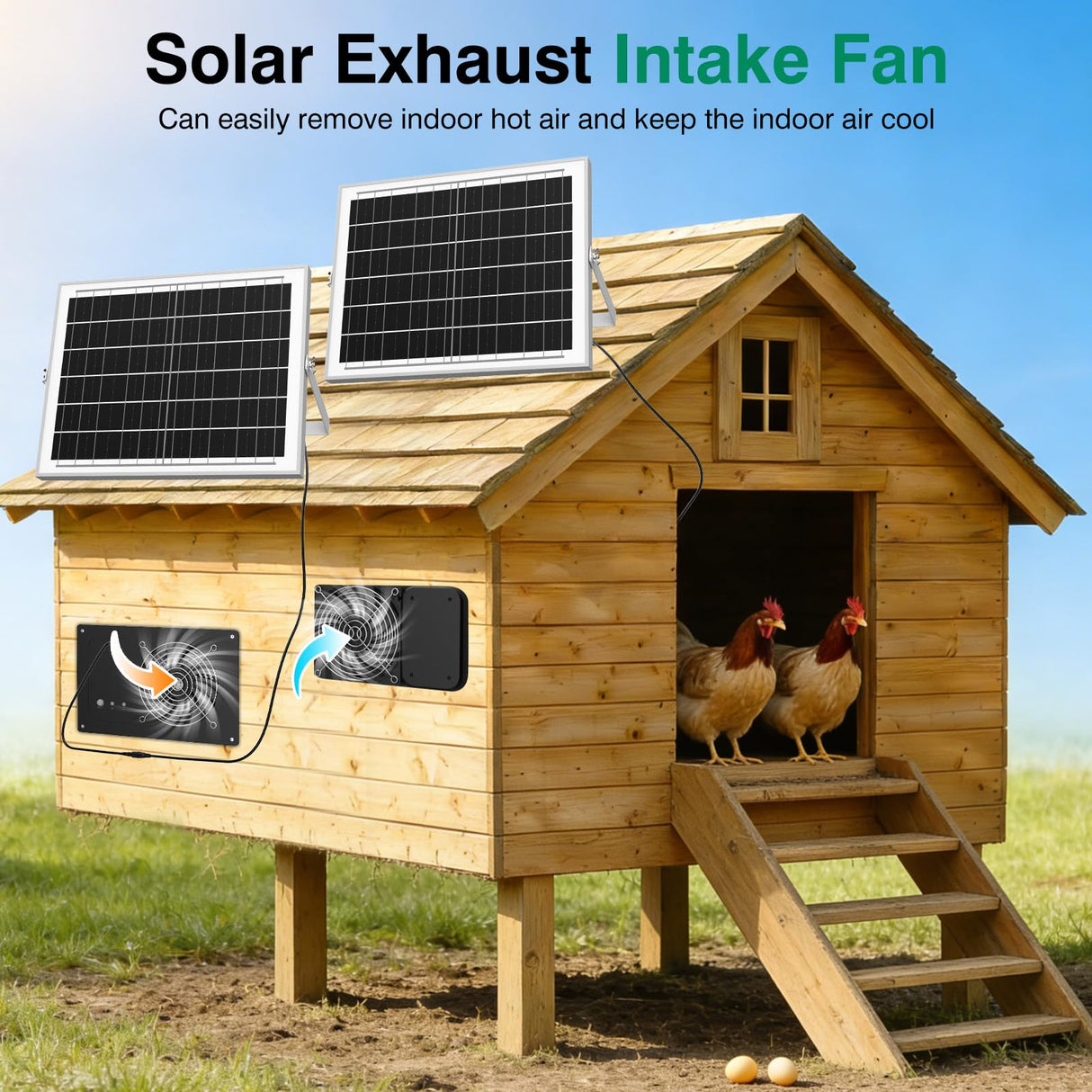 Solar Powered Fan with 15000mAh Battery & Timer, 25W 3500RPM High-Speed Solar Exhaust Fan, Low Noise Waterproof Ventilation for Chicken Coop, Greenhouse, Shed & Pet House