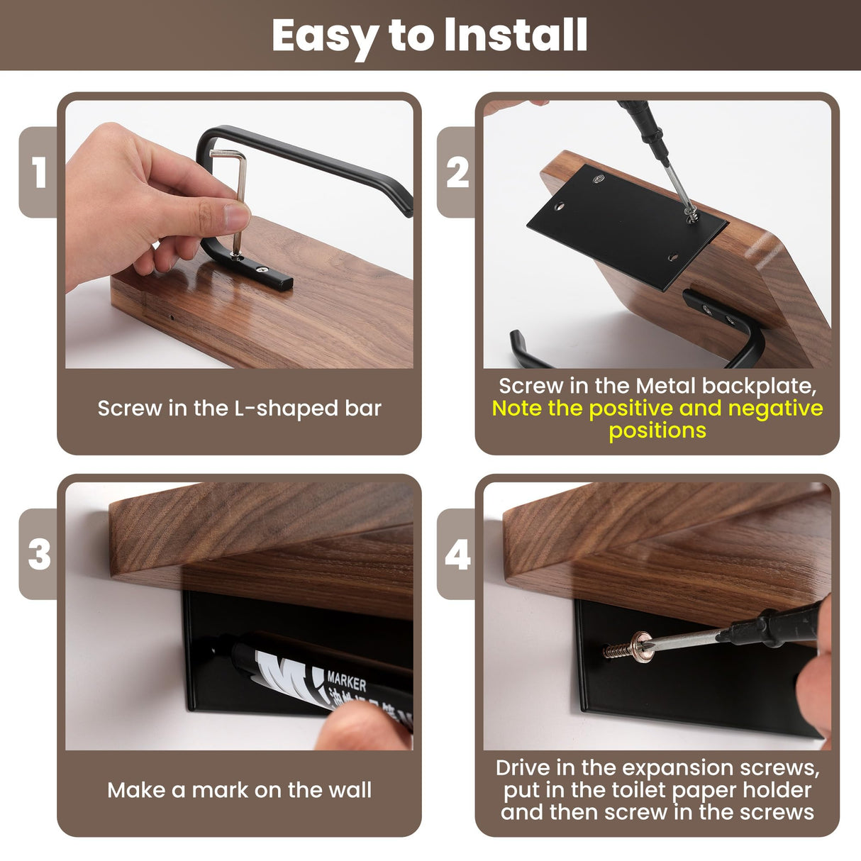 TOKCKYBL Toilet Paper Holder with Walnut Wood Shelf - Wall Mount & Self-Adhesive Bathroom Tissue Holder, Black Stainless Steel with Walnut Shelf for Phone - Home Apartment Restroom Decor Essentials