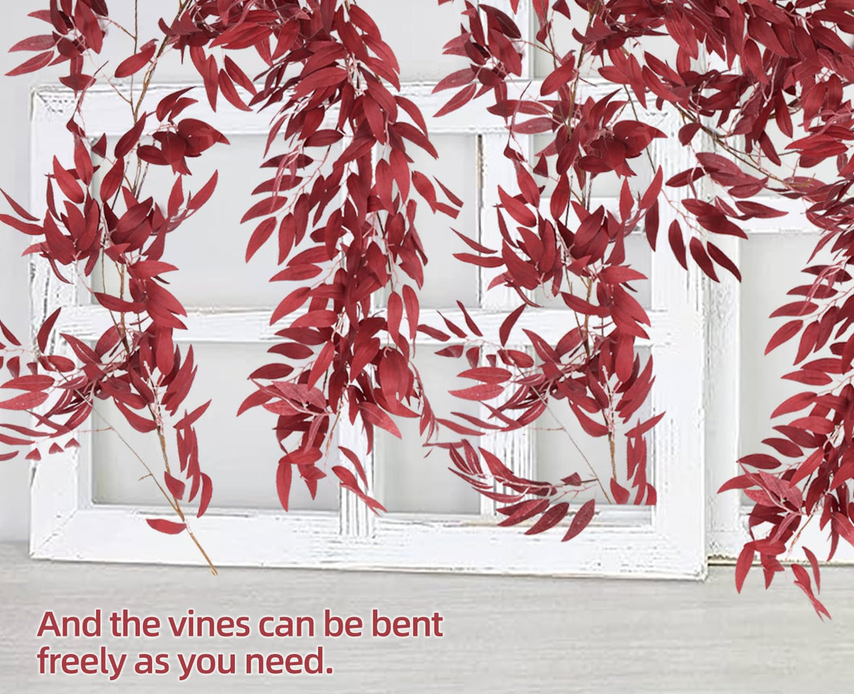 RECUTMS Artificial Hanging Willow Leaves Vine Twigs 2Pcs 5.7Ft Fake Silk Burgundy Leaf Ivy Fall Garland Faux Greenery Indoor Outdoor Valentines Day Wedding Birthday Christmas Thanksgiving Party Decor