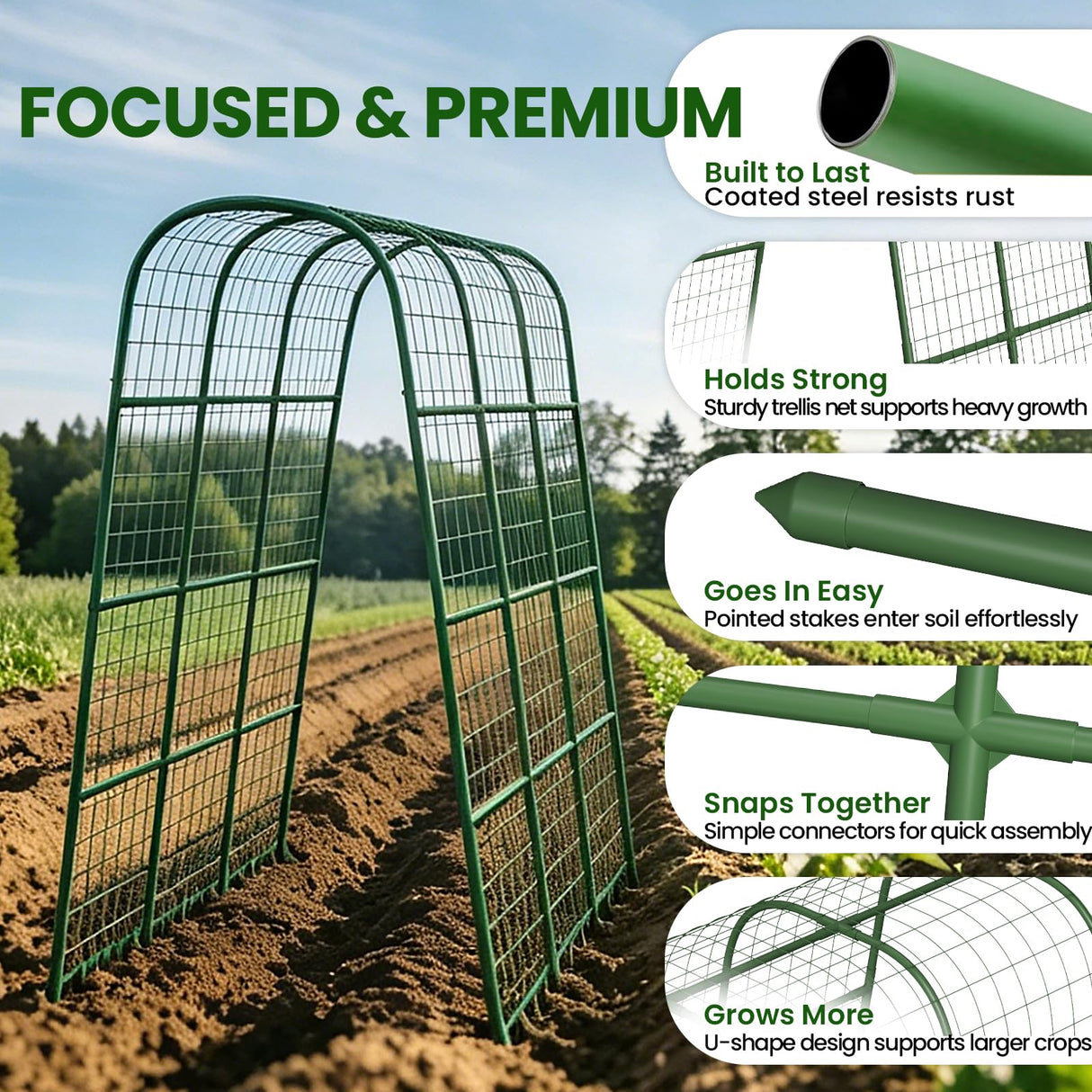 63" H x 47" L x 23" Cucumber Trellis for Raised Beds, Heavy Duty Metal Garden Arch Trellis with Nylon Net & Plant Ties, Vertical Trellis for Climbing Plants, Cucumbers, Tomatoes, Peas & Vines