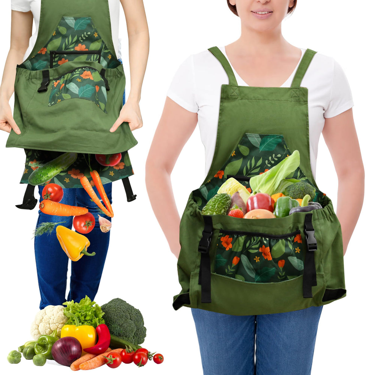 GeerDuo Gardening Apron with Quick Release Pockets for Women, Water Resistant Picking Pouch(Green)