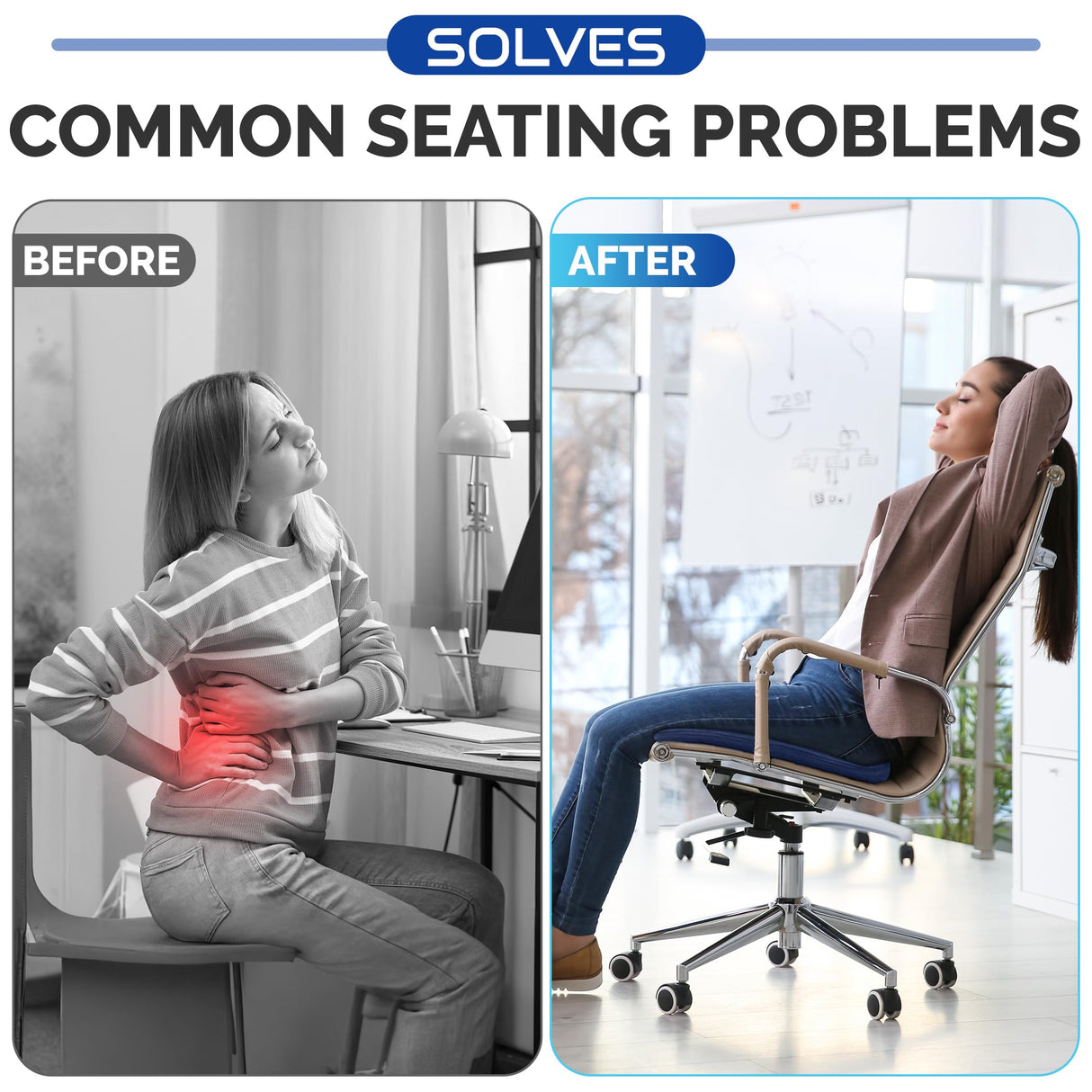 Gel Seat Cushion for Long Sitting, Large Seat Pad for Hip Pain, Buttocks Pressure Relief Office Chair Cushion, Gaming Chair Gel Pad, Wheelchair gel cushion, Truck seat, Non-slip cover with Ties