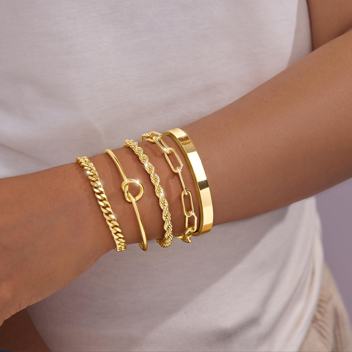 Gokeey Gold Cuff Bracelets for Women, 14K Gold Plated Bangle Bracelet Set for Women, Forever Love Knot Infinity Bangle Paperclip Beaded Twist Bracelets for Women