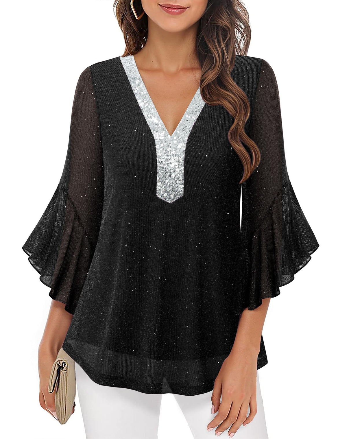 Timeson Plus Size Tops for Women: 3/4 Sleeve Business Casual — Womens Blouses — Office Work Shirts Holiday Outfits Fall Sparkly Tunic Dressy Christmas Shirts 2025 Sequined New Years Clothes Black 2XL