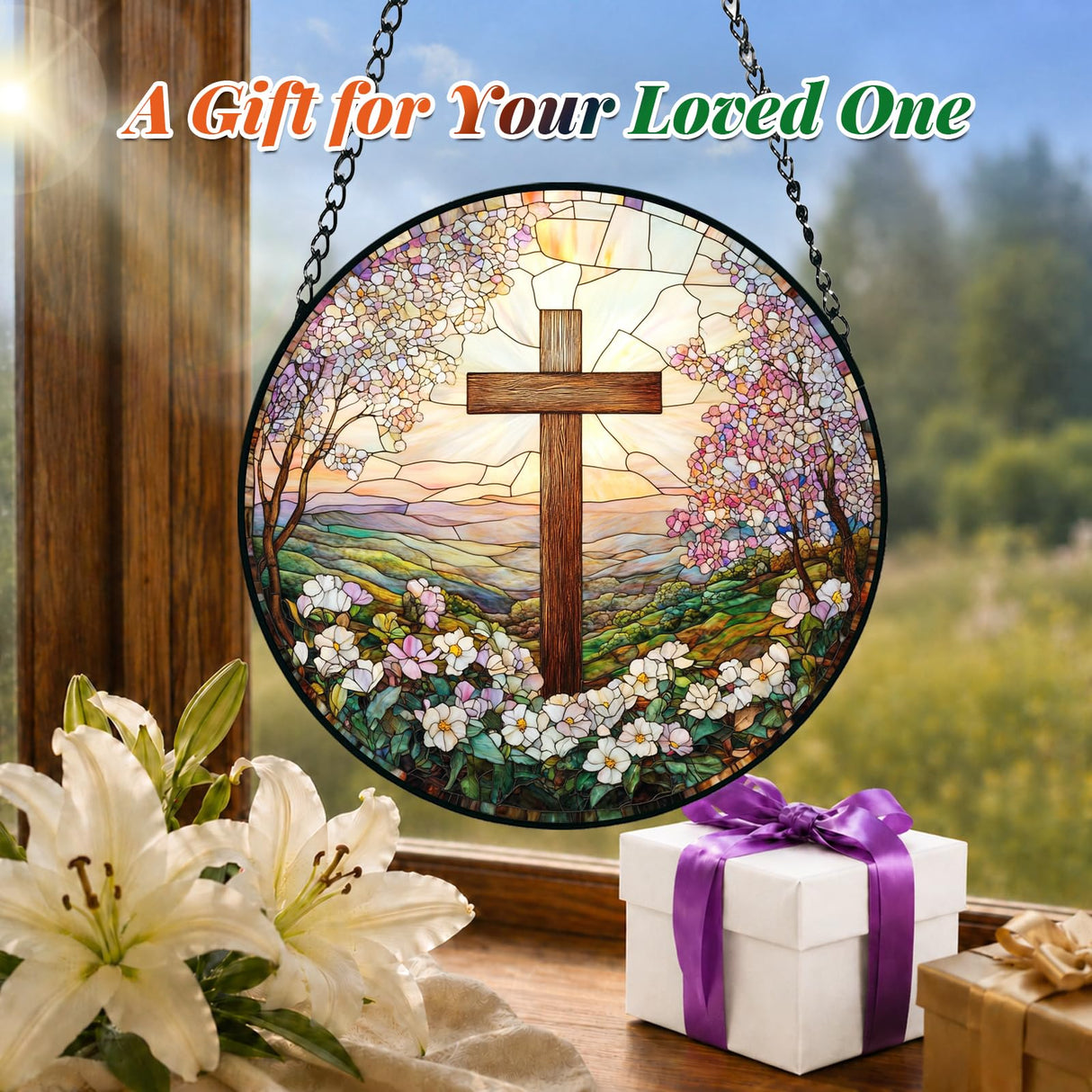 Cross and Wildflowers Stained Glass Sun Catcher,Christian Suncatchers Window Hanging Flower Cross Gift for Religious Home Decor, Easter Faith Christmas Christian Gifts for Mom 7.8 Inch